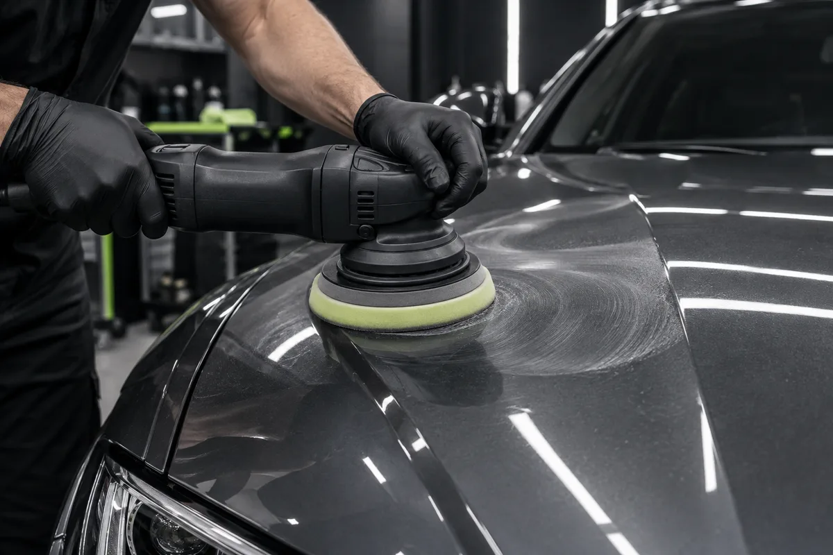 KI-Symbolbild: Poliermaschine auf einer grauen Motorhaube